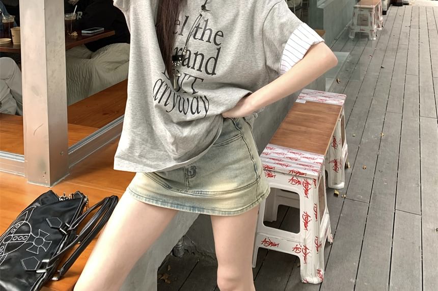 Panel Striped Short Lettering Print T-Shirt Sleeve Round Neck