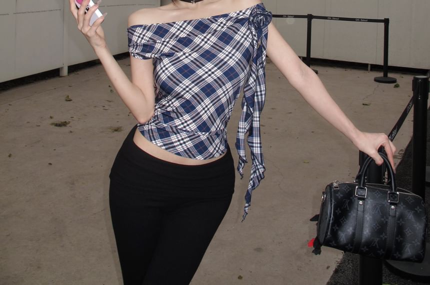 Sleeve Plaid Shoulder Top Off Short