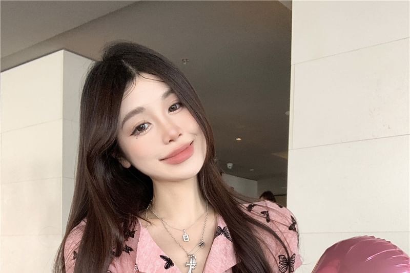 Sleeve Top Butterfly Button Short V-Neck Print