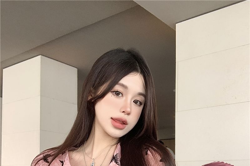 Sleeve Top Butterfly Button Short V-Neck Print