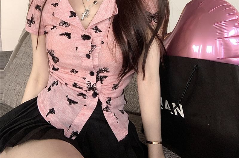 Sleeve Top Butterfly Button Short V-Neck Print