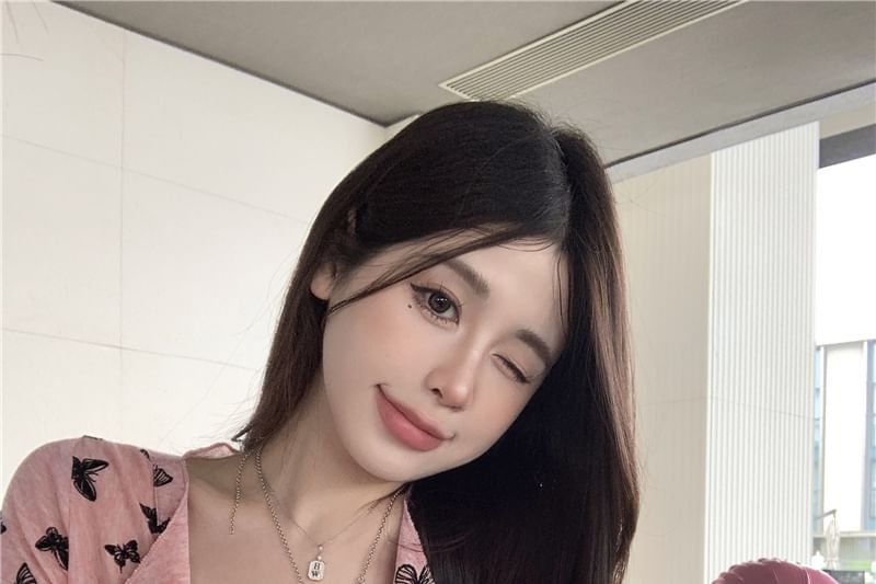 Sleeve Top Butterfly Button Short V-Neck Print