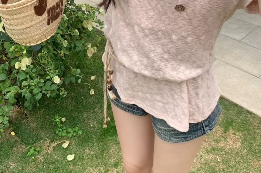 + Cold Set: Short Top Plain Sleeve Belt Cord Button Shoulder