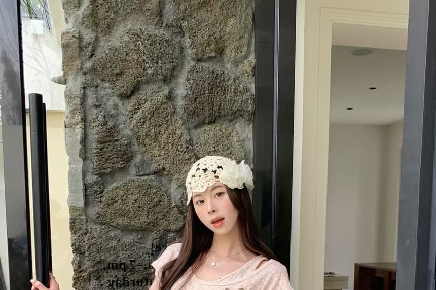 + Cold Set: Short Top Plain Sleeve Belt Cord Button Shoulder