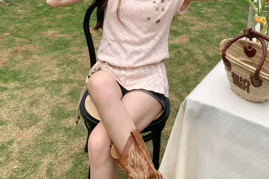 + Cold Set: Short Top Plain Sleeve Belt Cord Button Shoulder