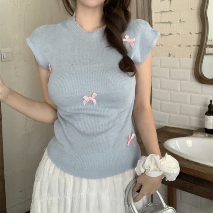 Sleeve Bow Knit Cap Neck Top Crew