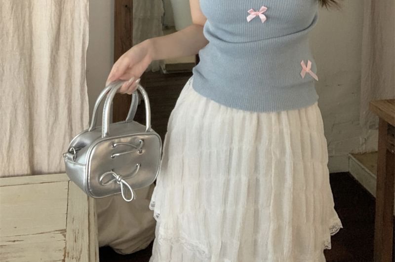 Sleeve Bow Knit Cap Neck Top Crew