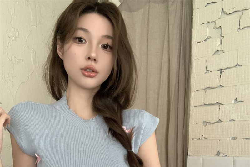 Sleeve Bow Knit Cap Neck Top Crew