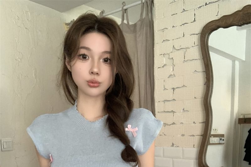 Sleeve Bow Knit Cap Neck Top Crew