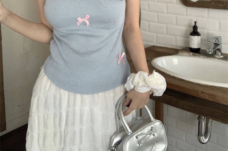 Sleeve Bow Knit Cap Neck Top Crew