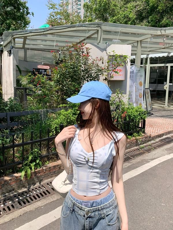 Bow V-Neck Print Panel Top Camisole Floral