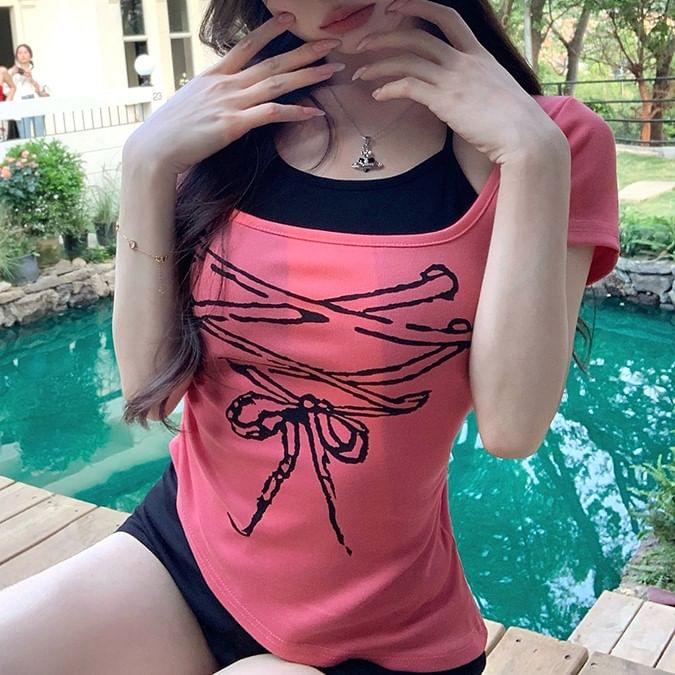 Two Print Patterned Mock Short Tee Piece Sleeve Asymmetrical