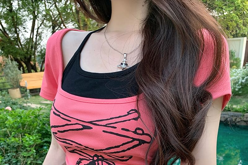 Two Print Patterned Mock Short Tee Piece Sleeve Asymmetrical