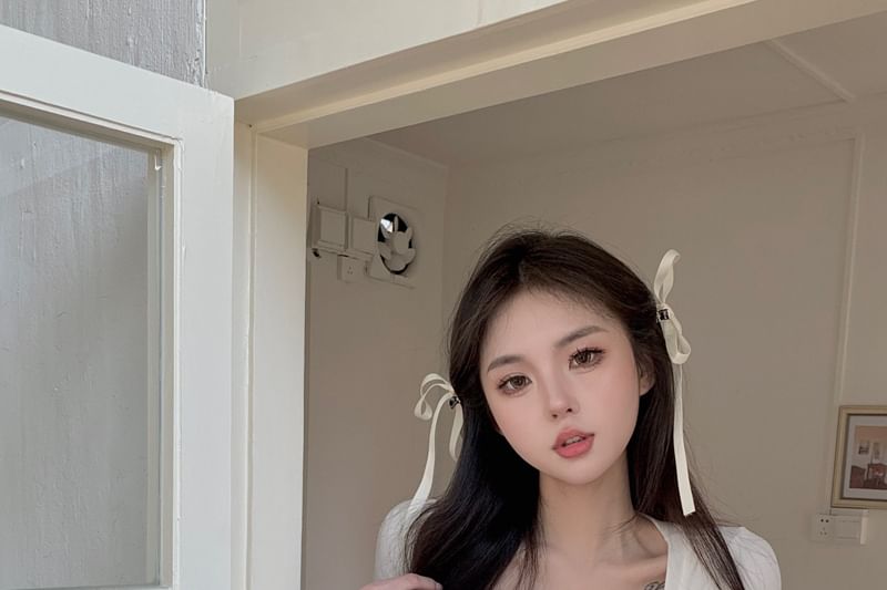 Square Ruched Sleeve Plain Mock Top Neck Short Piece Two