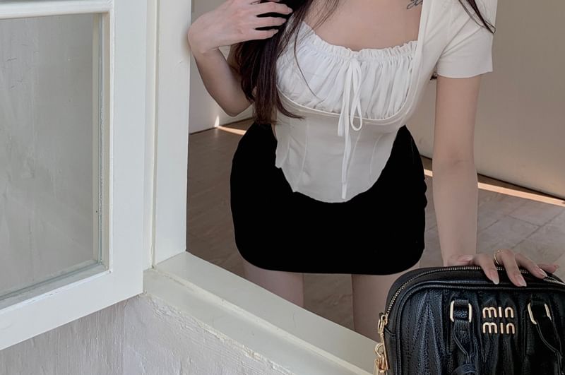 Square Ruched Sleeve Plain Mock Top Neck Short Piece Two