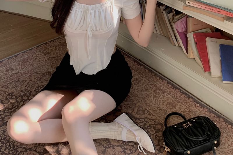 Square Ruched Sleeve Plain Mock Top Neck Short Piece Two