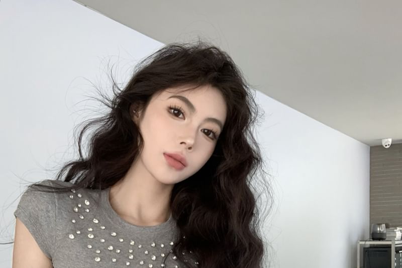 Crewneck Tee Crop Short-Sleeve Rhinestone