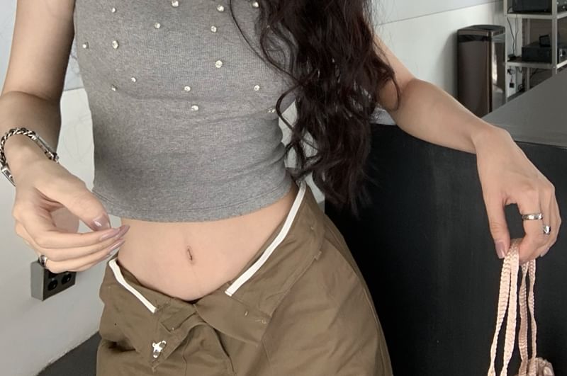 Crewneck Tee Crop Short-Sleeve Rhinestone