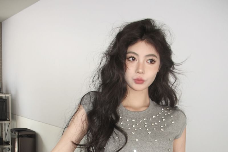 Crewneck Tee Crop Short-Sleeve Rhinestone