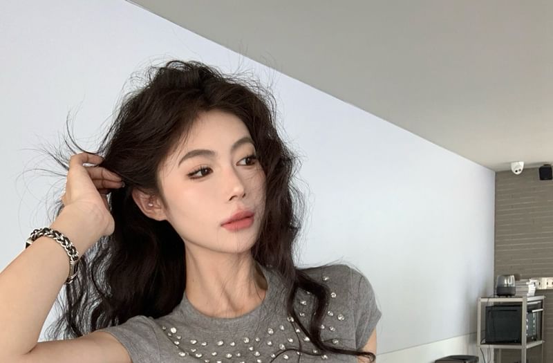 Crewneck Tee Crop Short-Sleeve Rhinestone