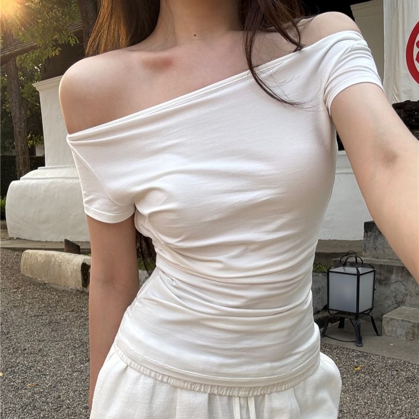 Plain Off Cutout Shoulder Top