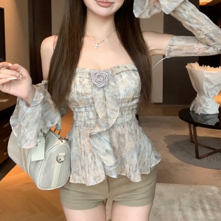 Long-Sleeve Floral Print Off Top Shoulder Crop