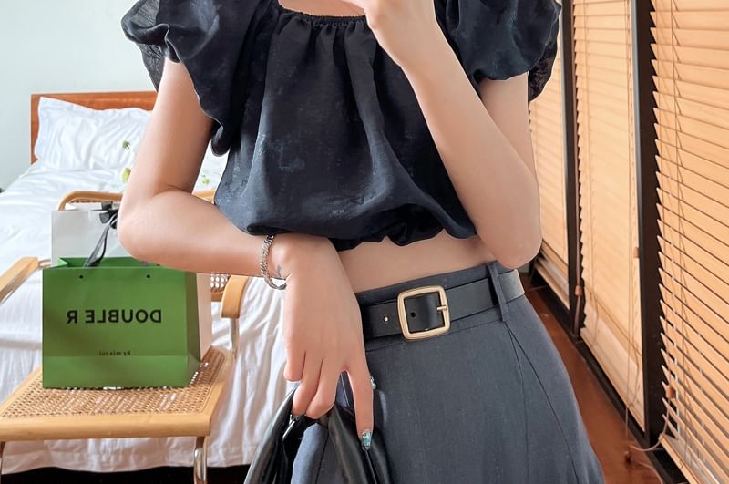 Off Puff-Sleeve Crop Plain Shoulder Blouse