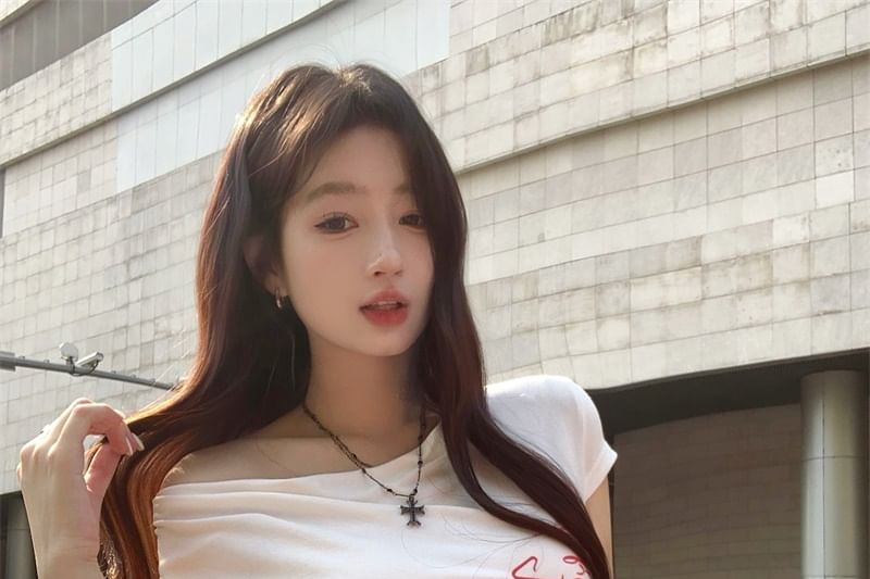 T-Shirt Waistband Wide Leg / Lace Short-Sleeve Pants Lettering