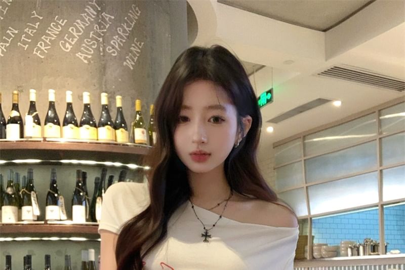 T-Shirt Waistband Wide Leg / Lace Short-Sleeve Pants Lettering