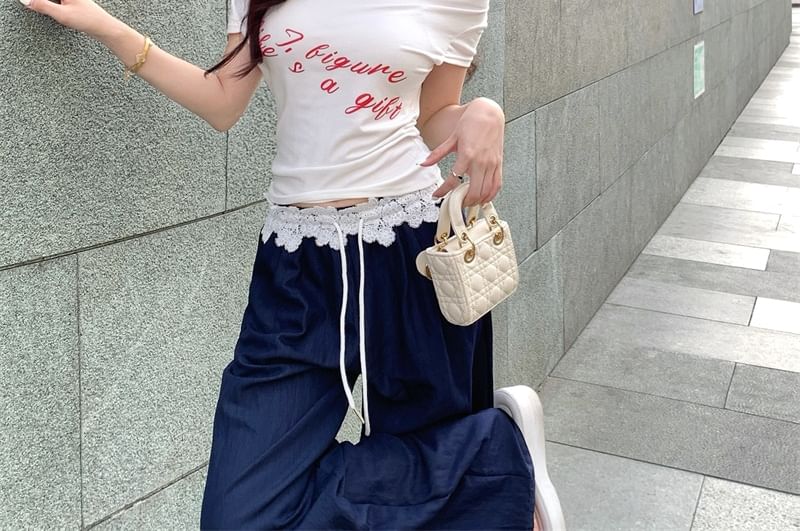 T-Shirt Waistband Wide Leg / Lace Short-Sleeve Pants Lettering