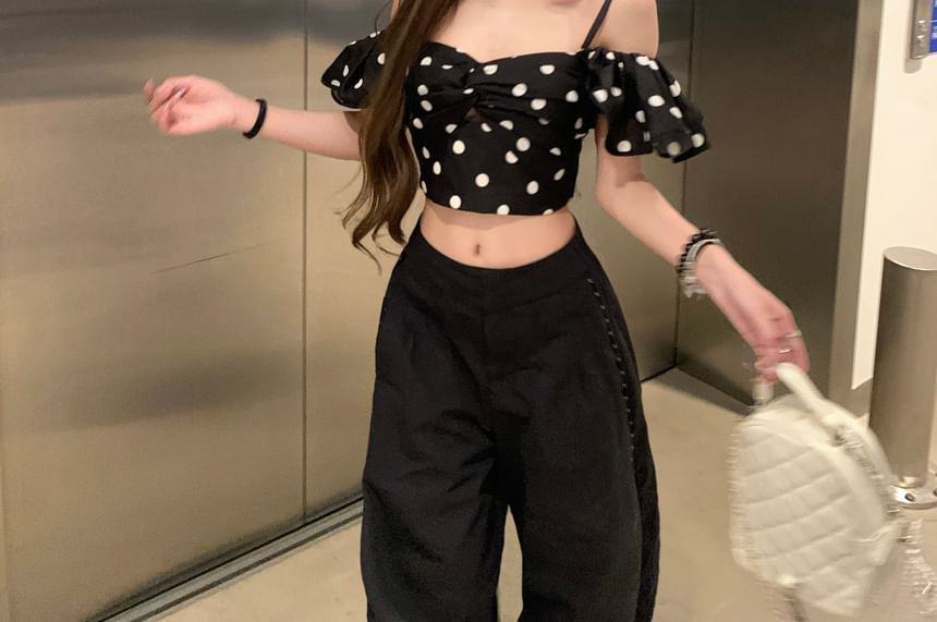 Short-Sleeve Cold Shoulder Crop Top Dotted