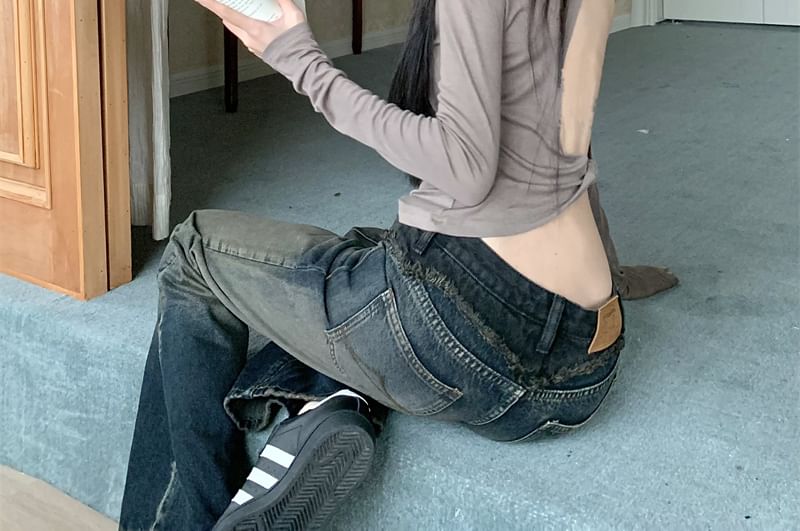 Plain Long-Sleeve Off Crop Top Shoulder