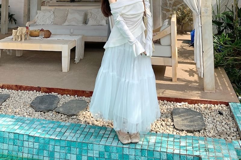 High Mock Maxi Rise Skirt A-Line Two-Piece Top Long-Sleeve Plain /