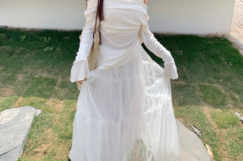 High Mock Maxi Rise Skirt A-Line Two-Piece Top Long-Sleeve Plain /