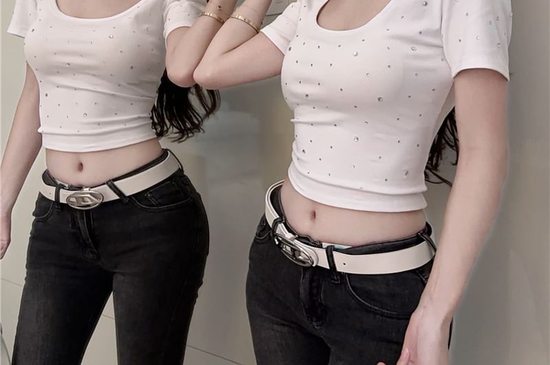 Plain Rhinestone Neck Crop Short-Sleeve T-Shirt Square