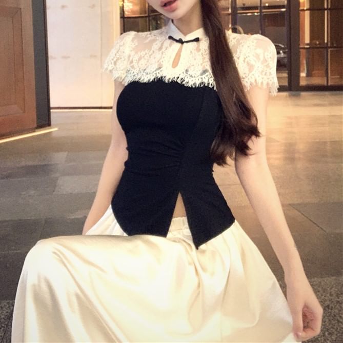 Short-Sleeve Top / Skirt Two High Tone Maxi A-Line Asymmetrical Waist