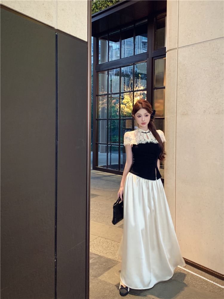 Short-Sleeve Top / Skirt Two High Tone Maxi A-Line Asymmetrical Waist