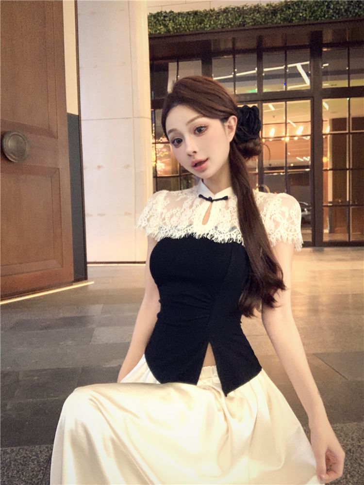 Short-Sleeve Top / Skirt Two High Tone Maxi A-Line Asymmetrical Waist