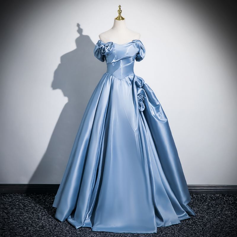 Short-Sleeve Off-Shoulder Plain Floral Accent Ball Gown