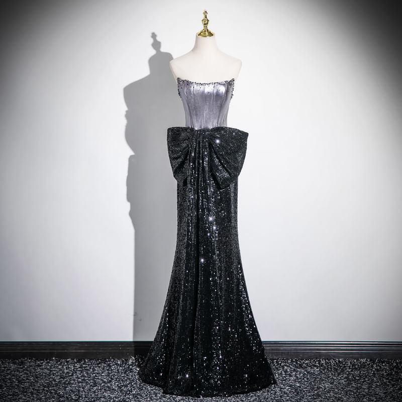 Short-Sleeve Off-Shoulder Sequin Bow Accent Mermaid Evening Gown