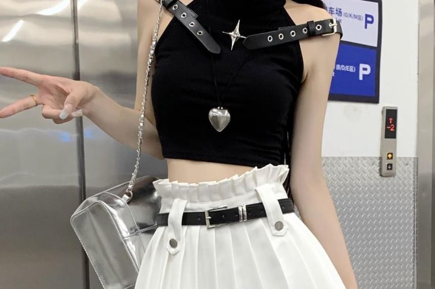 Pleated High Rise A-Line Belted Mini Plain Skirt