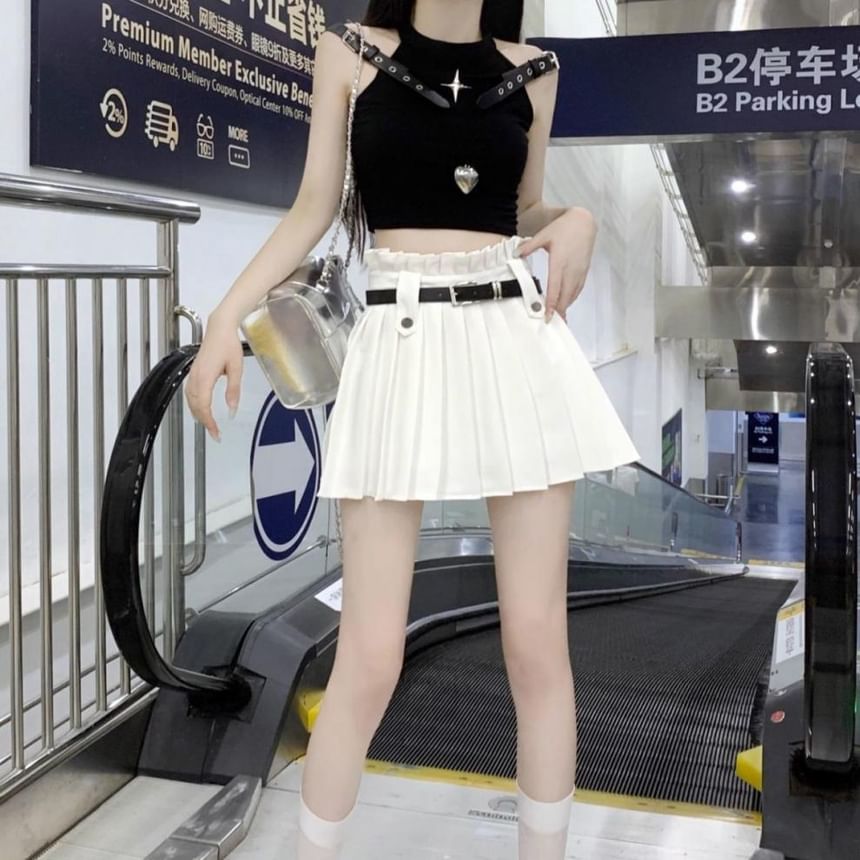 Pleated High Rise A-Line Belted Mini Plain Skirt