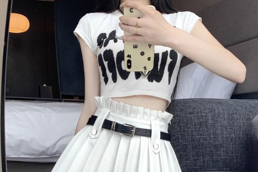 Pleated High Rise A-Line Belted Mini Plain Skirt