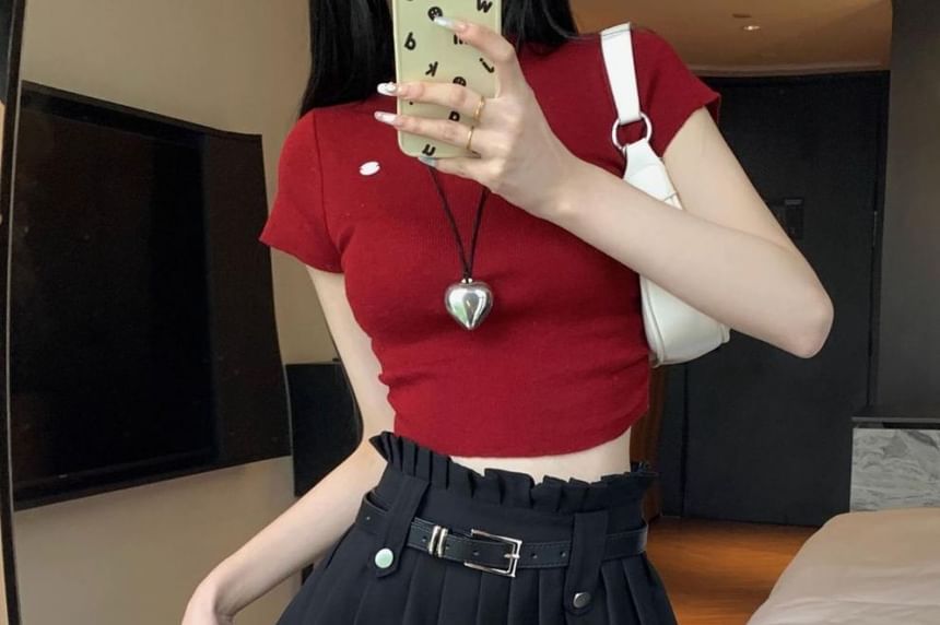 Pleated High Rise A-Line Belted Mini Plain Skirt