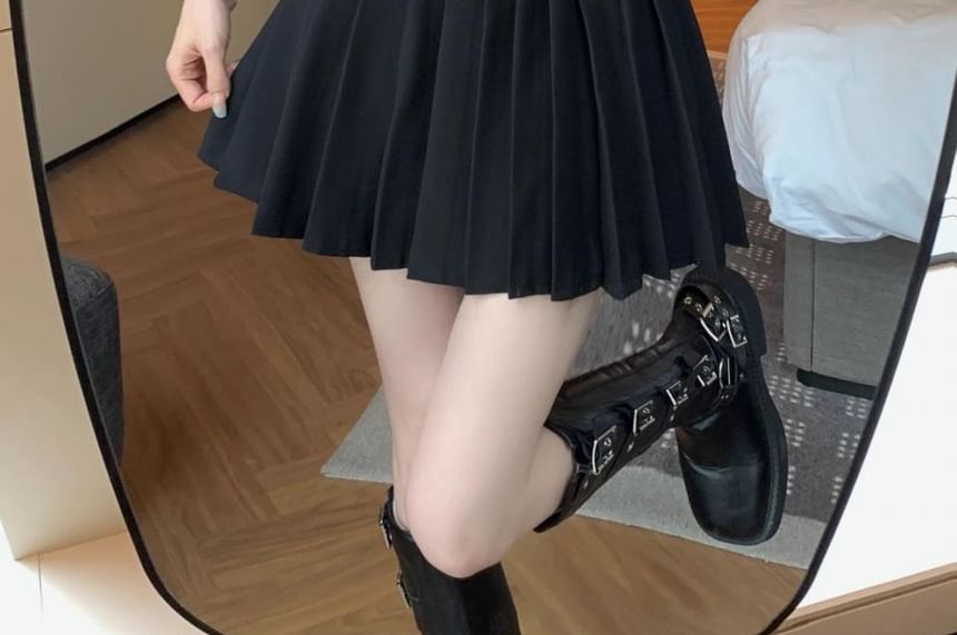 Pleated High Rise A-Line Belted Mini Plain Skirt