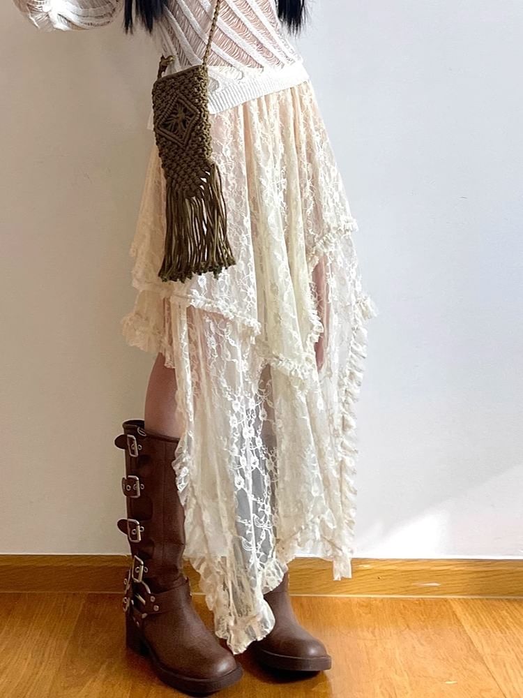 Rise Lace Skirt Plain Midi A-Line High