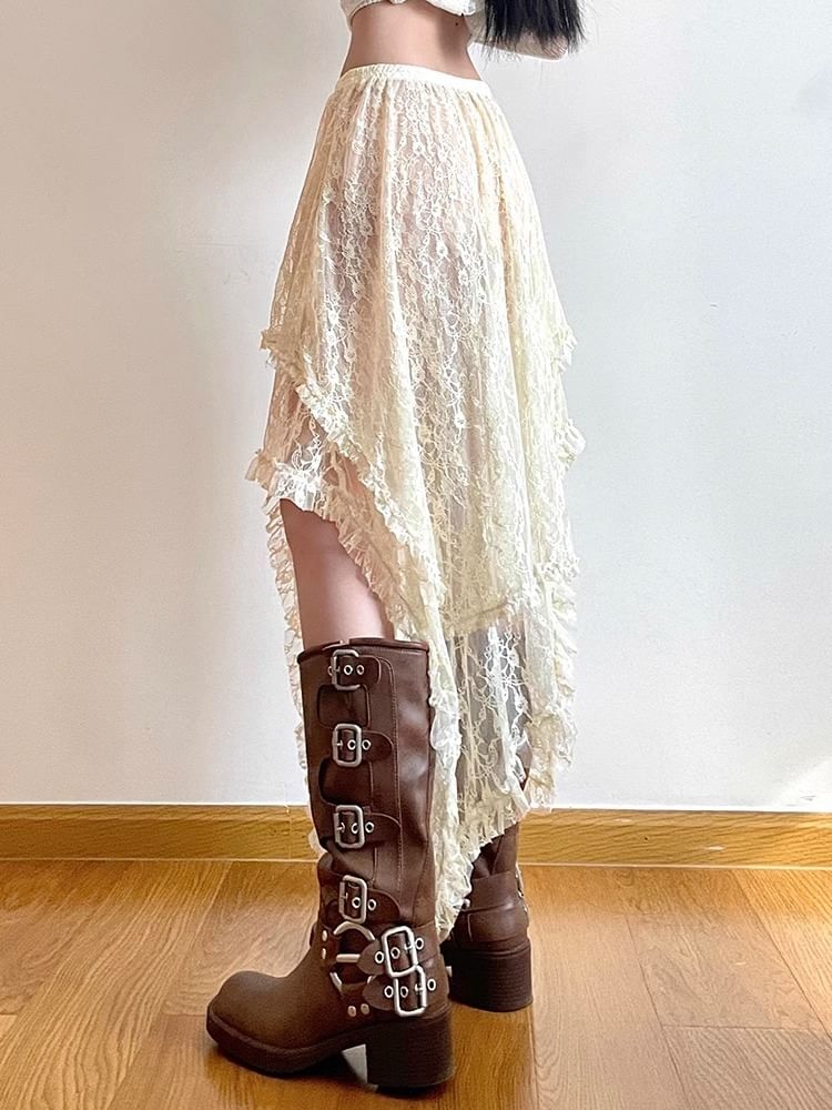 Rise Lace Skirt Plain Midi A-Line High