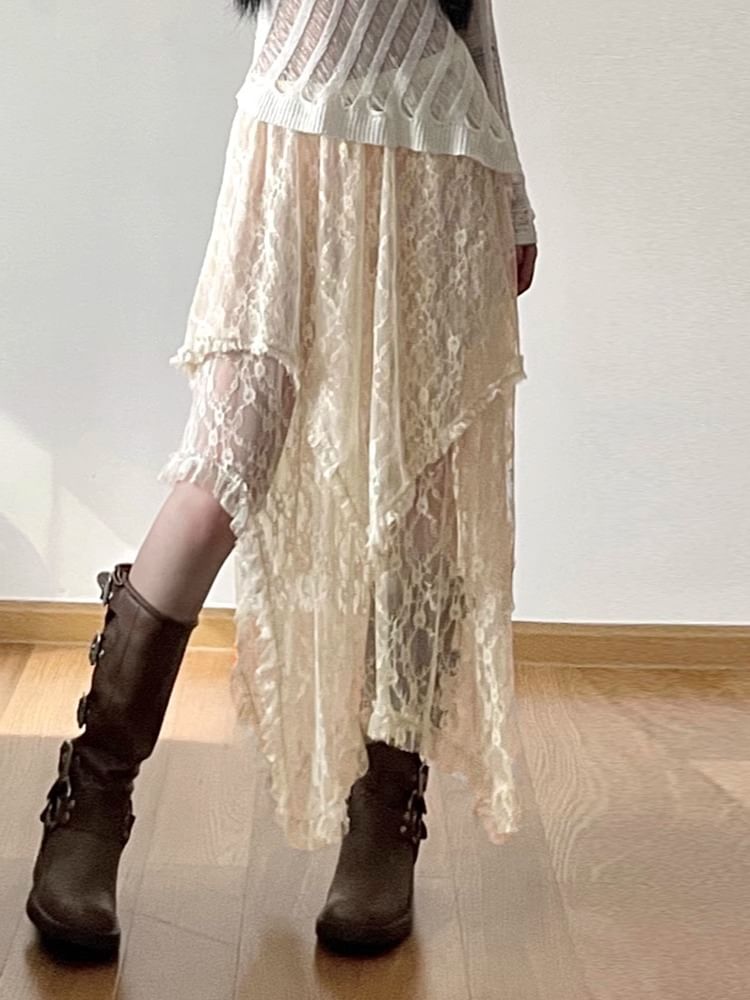 Rise Lace Skirt Plain Midi A-Line High