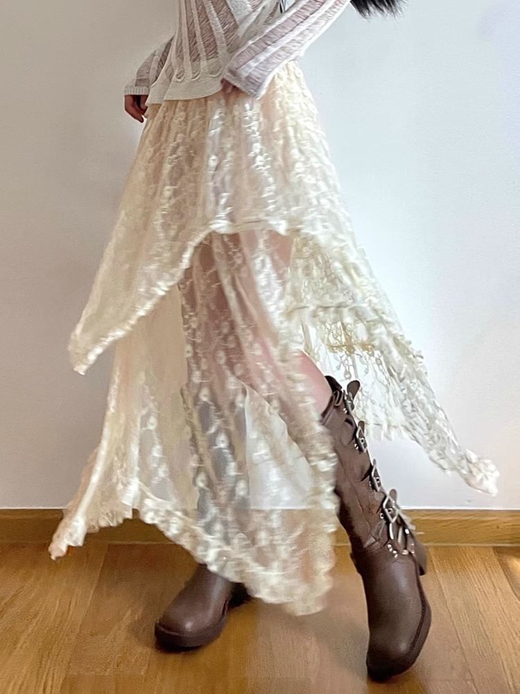 Rise Lace Skirt Plain Midi A-Line High