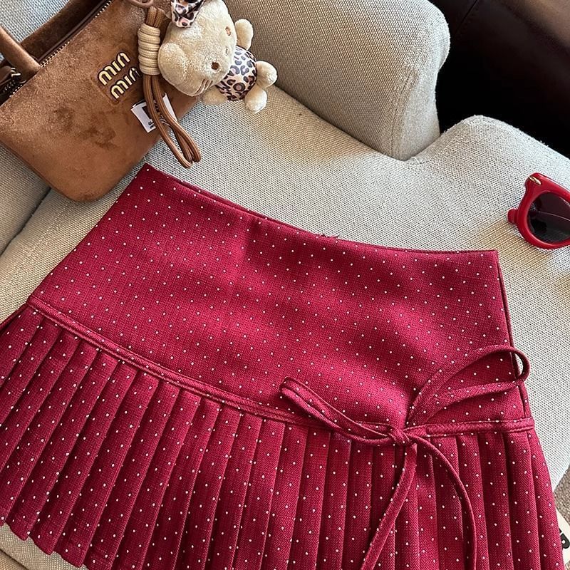 Mini Skirt Dotted Rise A-Line High Pleated